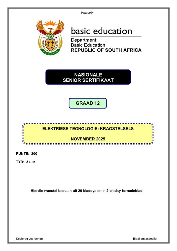 Grade 12 Afrikaans past paper 1993 – Power Systems Paper 1 (Afrikaans) gr12
