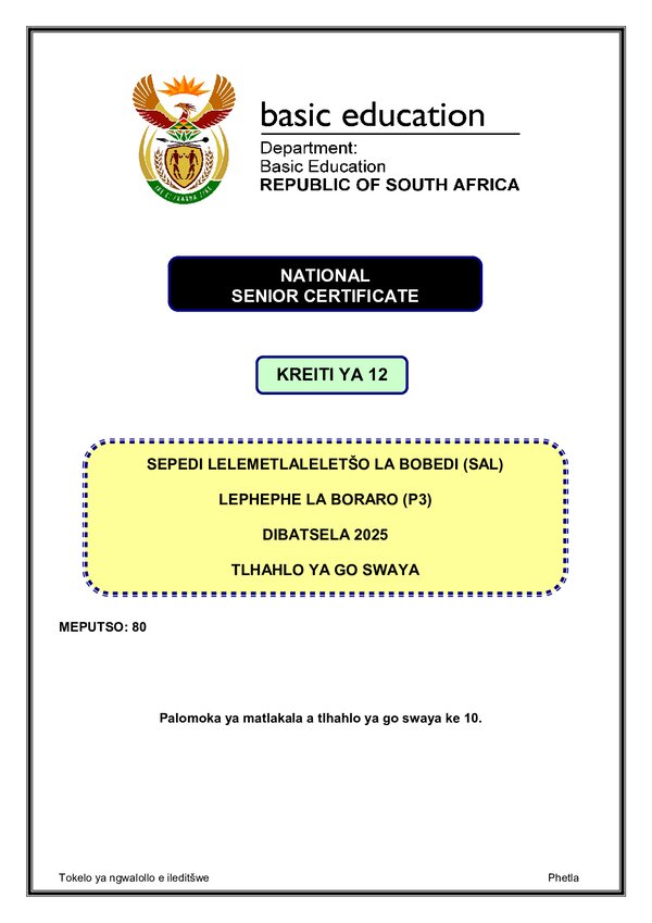 Grade 12 Sepedi past paper 2025 – Sepedi SAL P3 memo gr12
