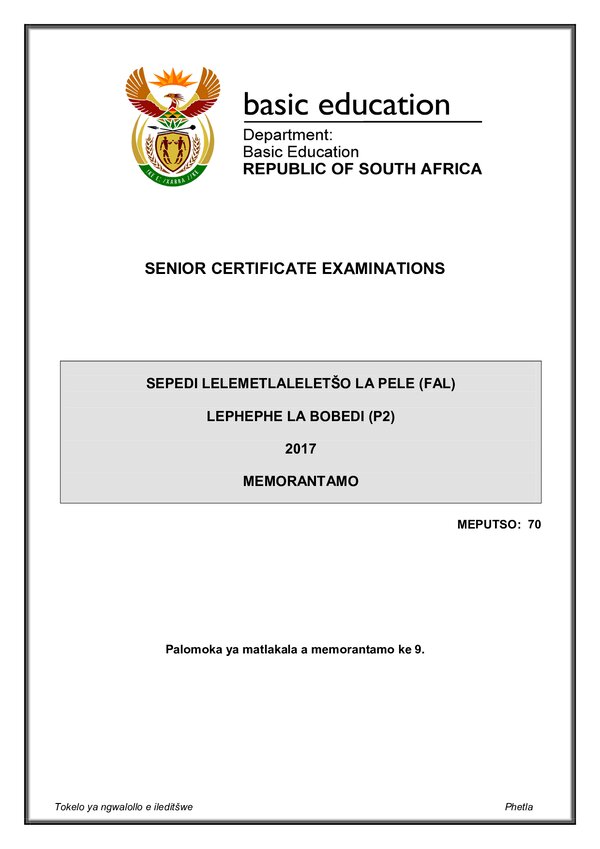 Grade 12 Sepedi past paper 2017 – Sepedi FAL P2 memo gr12