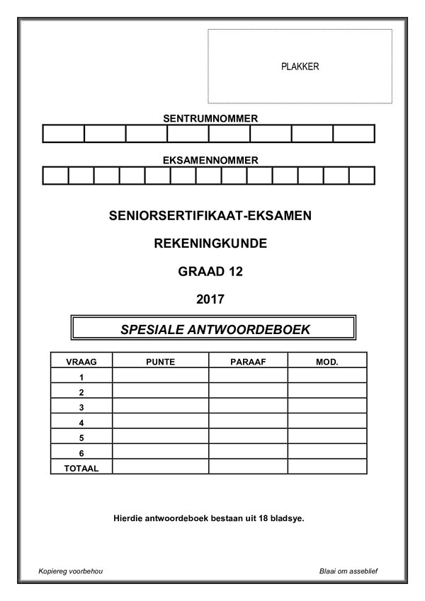 Grade 12 Afrikaans past paper 2016 – Paper 1 Answer Book (Afrikaans) gr12