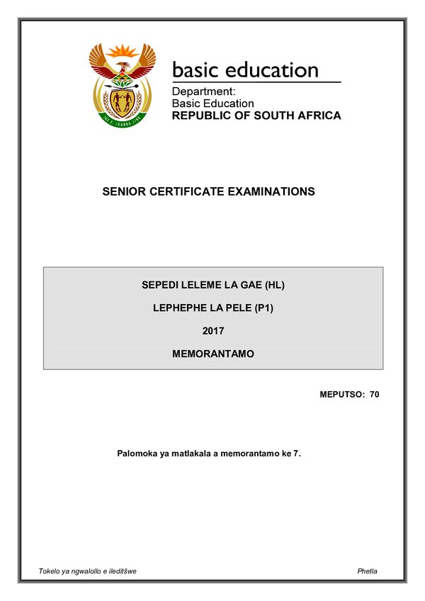Grade 12 Sepedi past paper 2017 – Sepedi HL P1 memo gr12