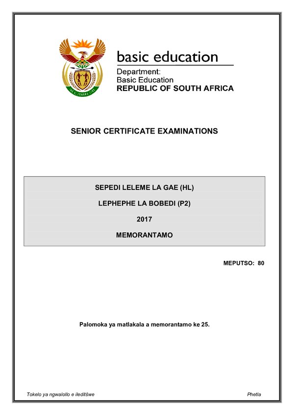 Grade 12 Sepedi past paper 2017 – Sepedi HL P2 memo gr12