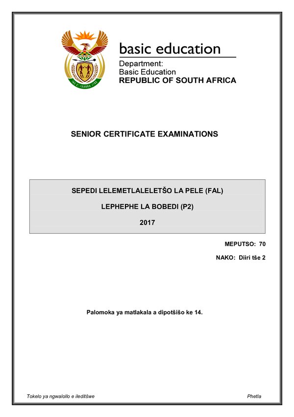 Grade 12 Sepedi past paper 2017 – Sepedi FAL P2 gr12