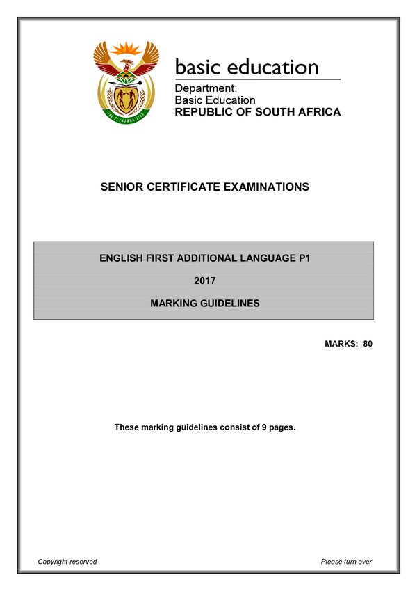 Grade 12 English past paper 2017 – English FAL P1 memo gr12
