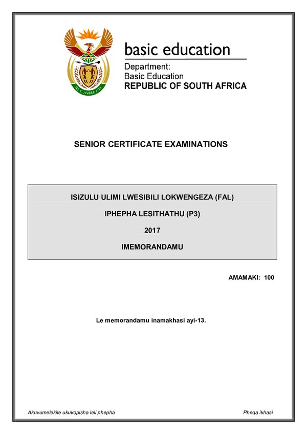 Grade 12 isiZulu past paper 2017 – IsiZulu FAL P3 memo gr12