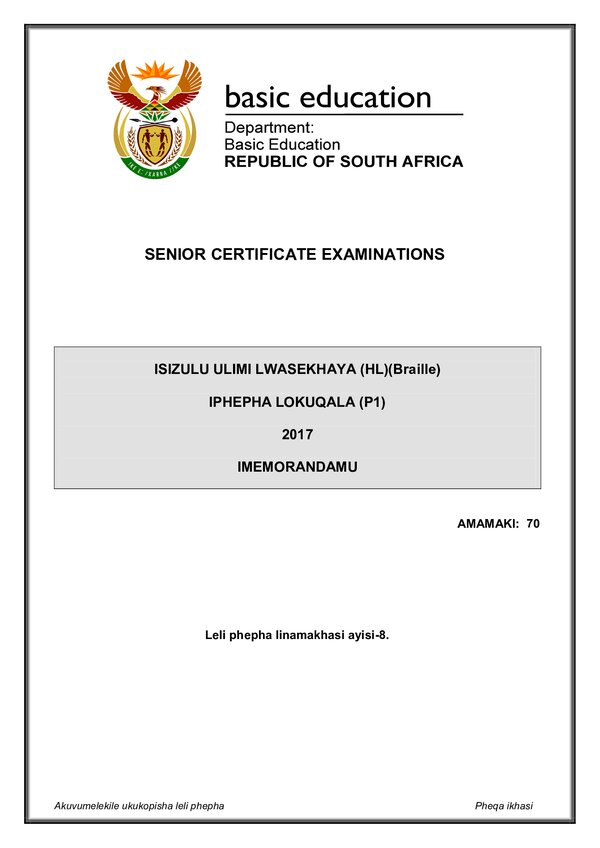 Grade 12 isiZulu past paper 2017 – IsiZulu HL P1 memo gr12