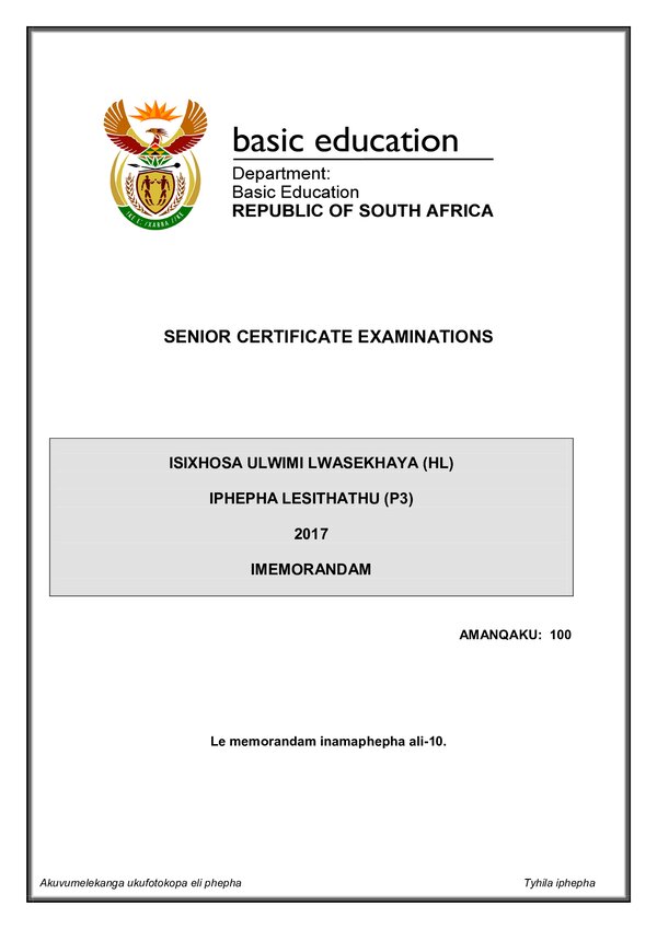Grade 12 isiXhosa past paper 2017 – IsiXhosa HL P3 memo gr12