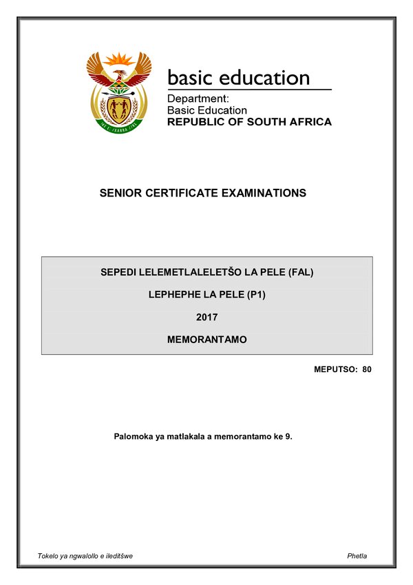 Grade 12 Sepedi past paper 2017 – Sepedi FAL P1 memo gr12