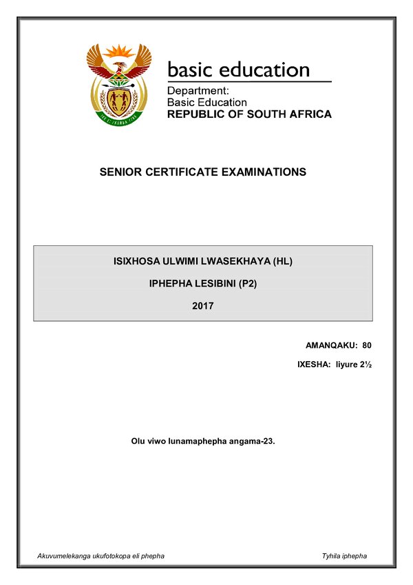 Grade 12 isiXhosa past paper 2017 – IsiXhosa HL P2 gr12