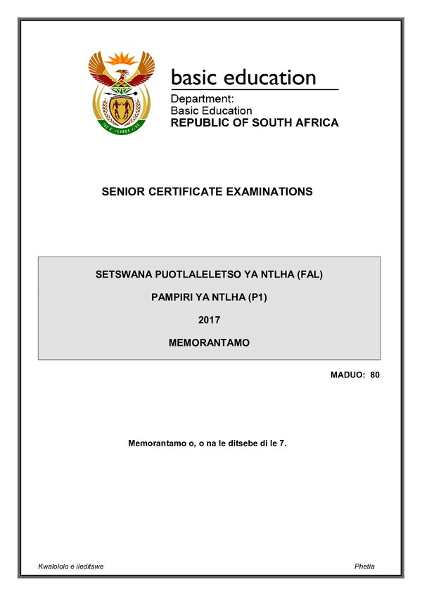 Setswana Fal P1 Memo Gr12
