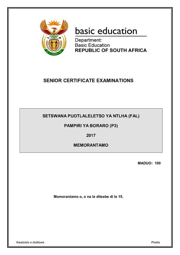 Setswana Fal P3 Memo Gr12