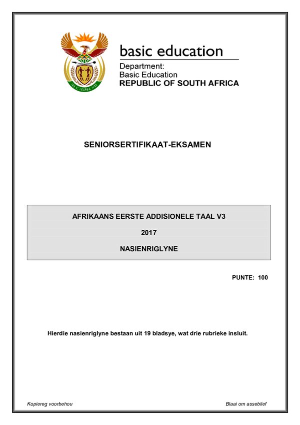 Grade 12 Afrikaans past paper 2017 – Afrikaans FAL P3 memo gr12