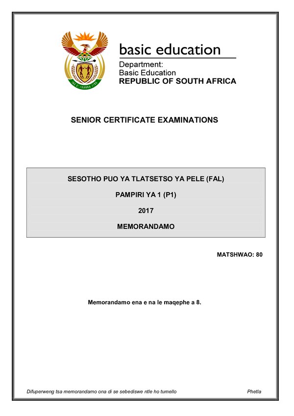 Sesotho Fal P1 Memo Gr12