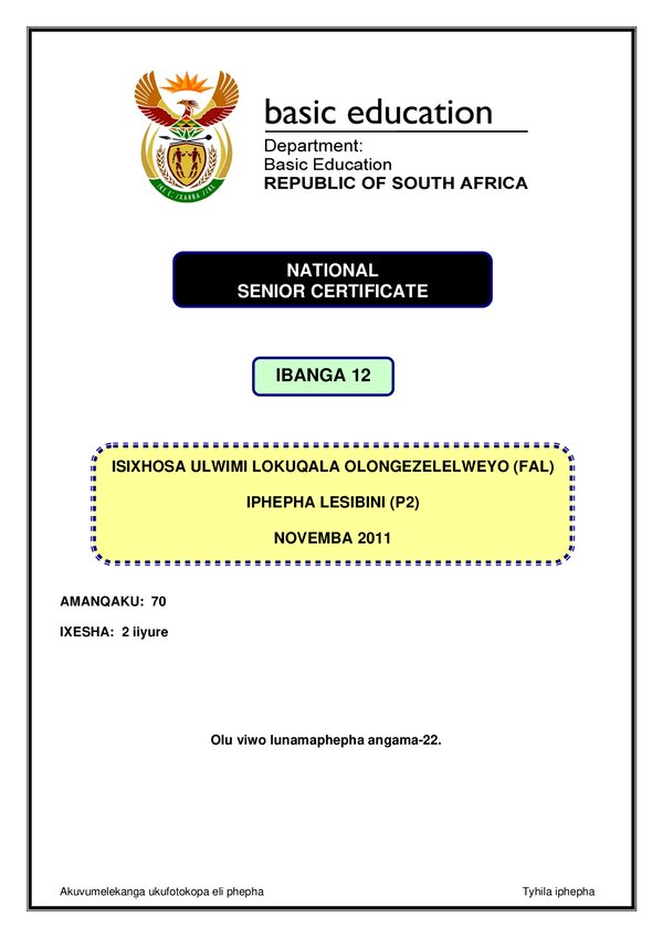 Grade 12 isiXhosa past paper 2011 – IsiXhosa FAL P2 gr12