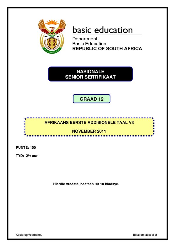 Grade 12 Afrikaans past paper 2011 – Afrikaans FAL P3 gr12