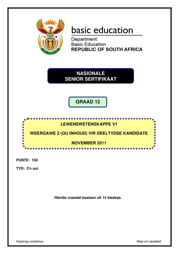 Grade 12 Afrikaans past paper 2011 – Paper 1 Version (Afrikaans) gr12