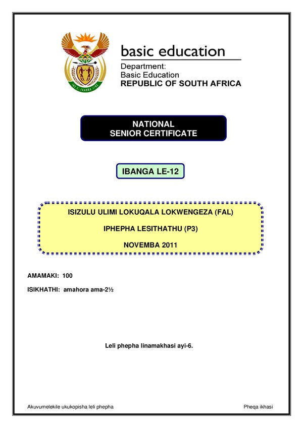 Grade 12 isiZulu past paper 2011 – IsiZulu FAL P3 gr12