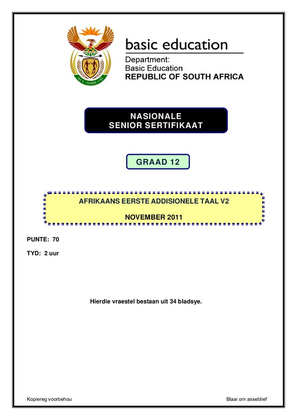 Grade 12 Afrikaans past paper 2011 – Afrikaans FAL P2 gr12
