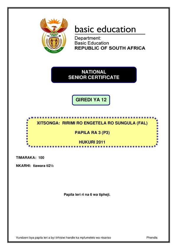 Grade 12 Xitsonga past paper 2011 – Xitsonga FAL P3 gr12