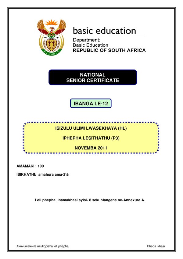 Isizulu Hl P3 Gr12