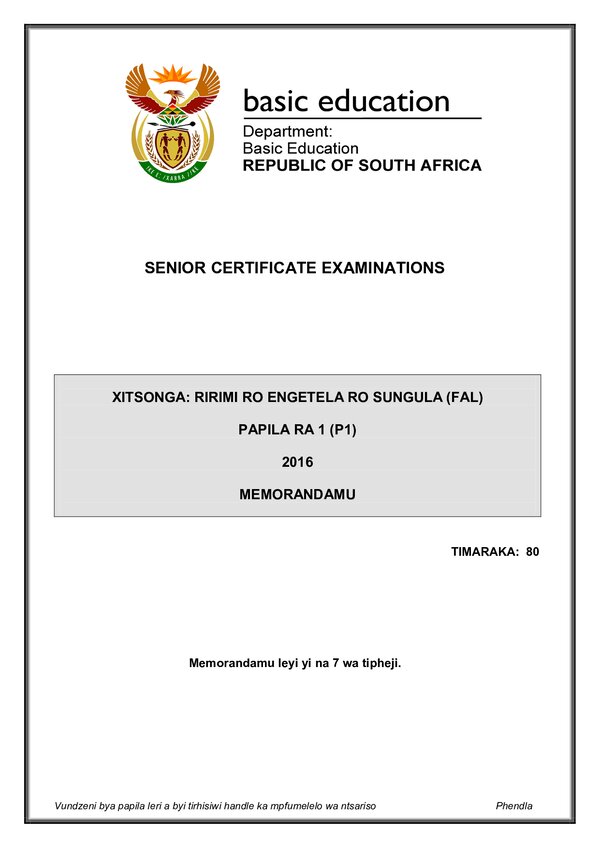 Xitsonga Fal P1 Memo Gr12