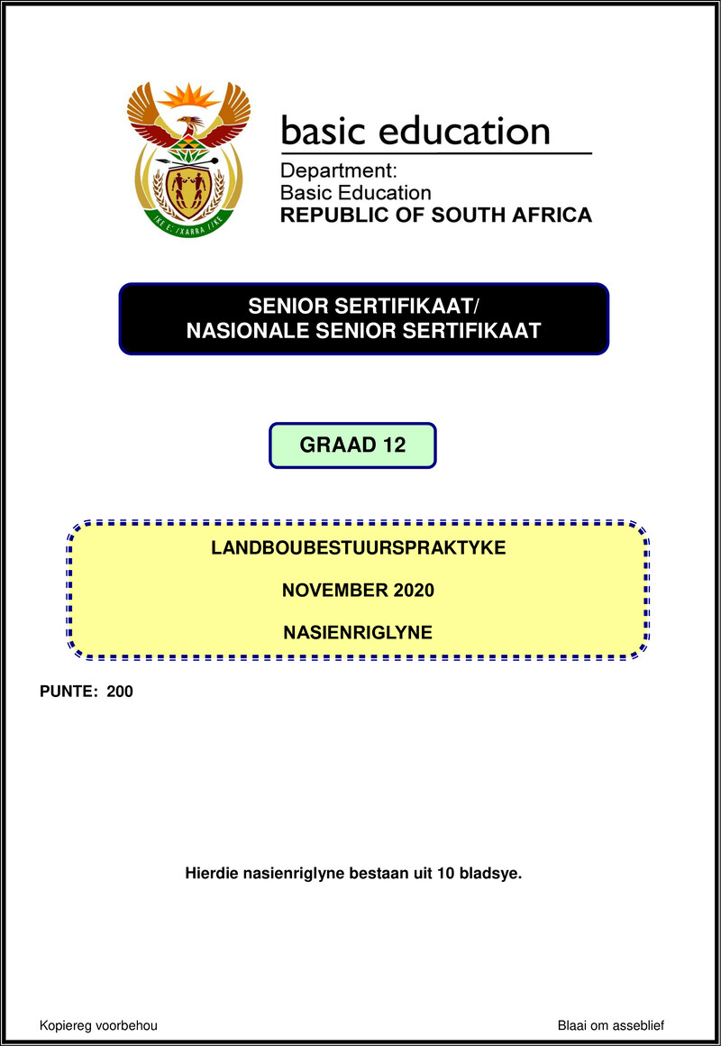 Grade 12 Landboubestuurspraktyke past paper 2020 – agricultural management practices nov 2020 memo afr gr12