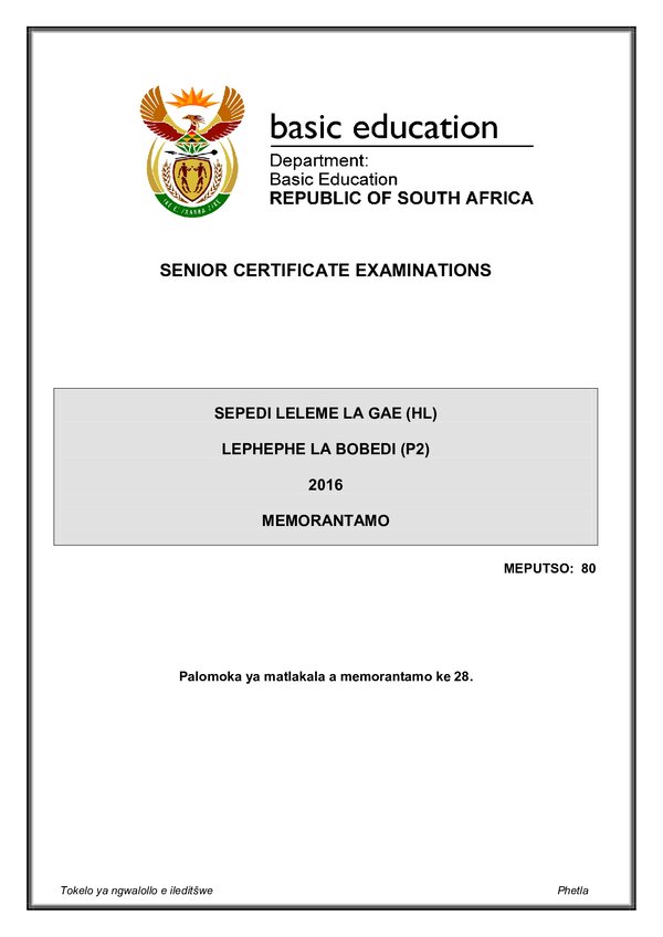 Grade 12 Sepedi past paper 2016 – Sepedi HL P2 memo gr12