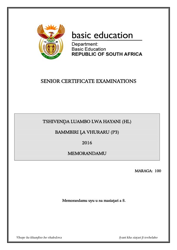 Tshivenda Hl P3 Memo Gr12