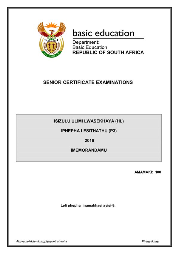 Grade 12 isiZulu past paper 2016 – IsiZulu HL P3 memo gr12
