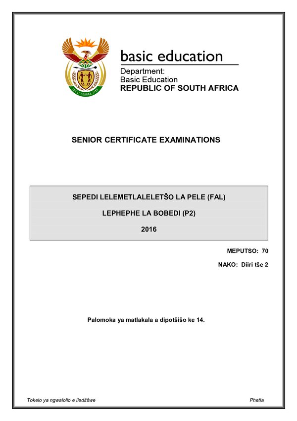 Grade 12 Sepedi past paper 2016 – Sepedi FAL P2 gr12