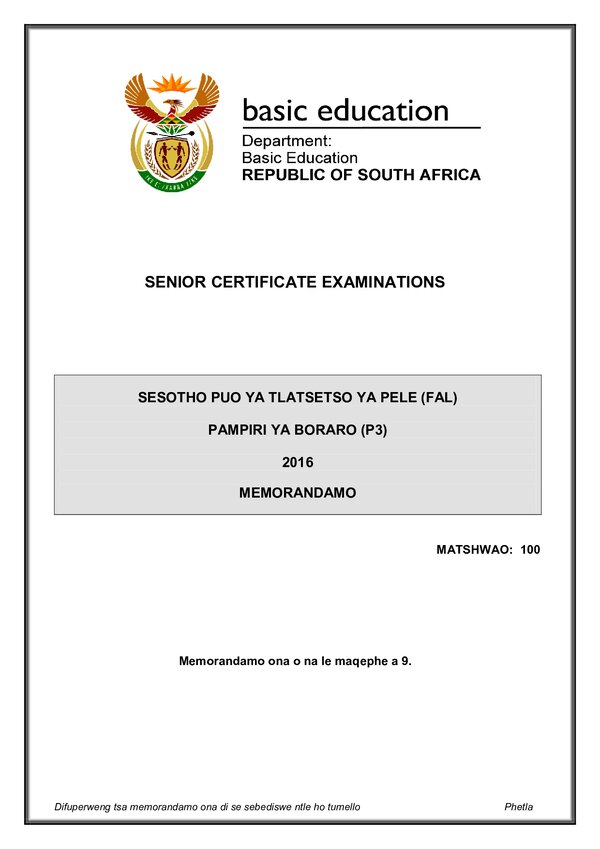 Sesotho Fal P3 Memo Gr12