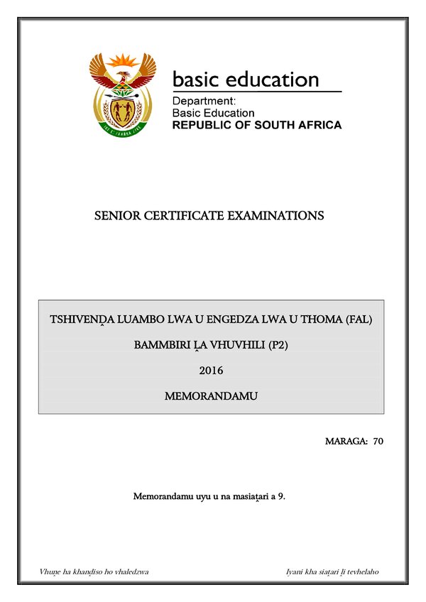 Tshivenda Fal P2 Memo Gr12