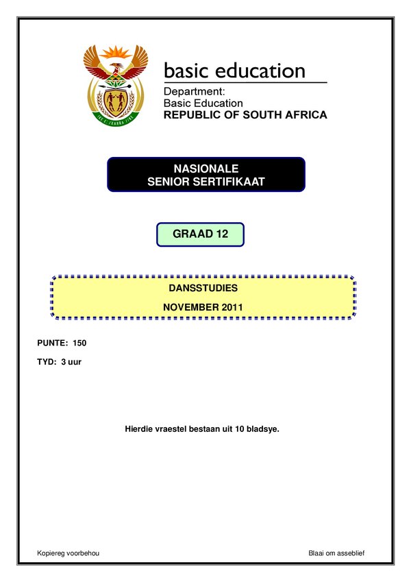 Grade 12 Afrikaans past paper 2011 – Dance studies Paper 1 (Afrikaans)