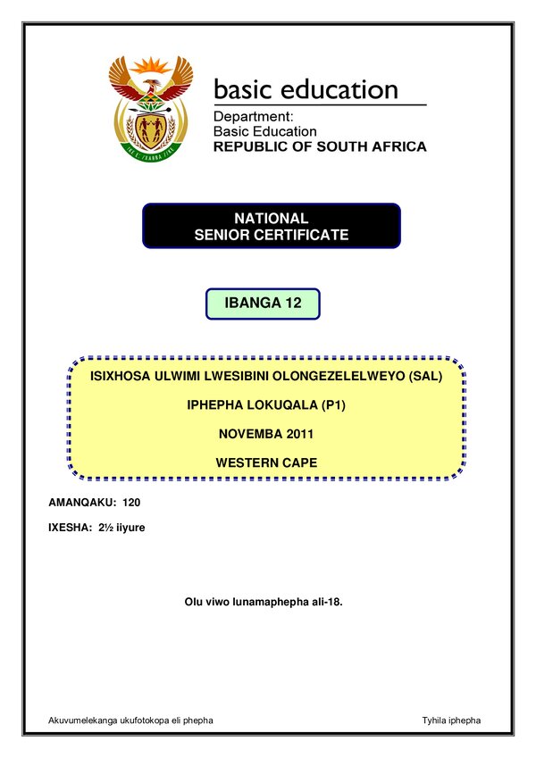Grade 12 isiXhosa past paper 1993 – IsiXhosa SAL P1 (Western Cape)