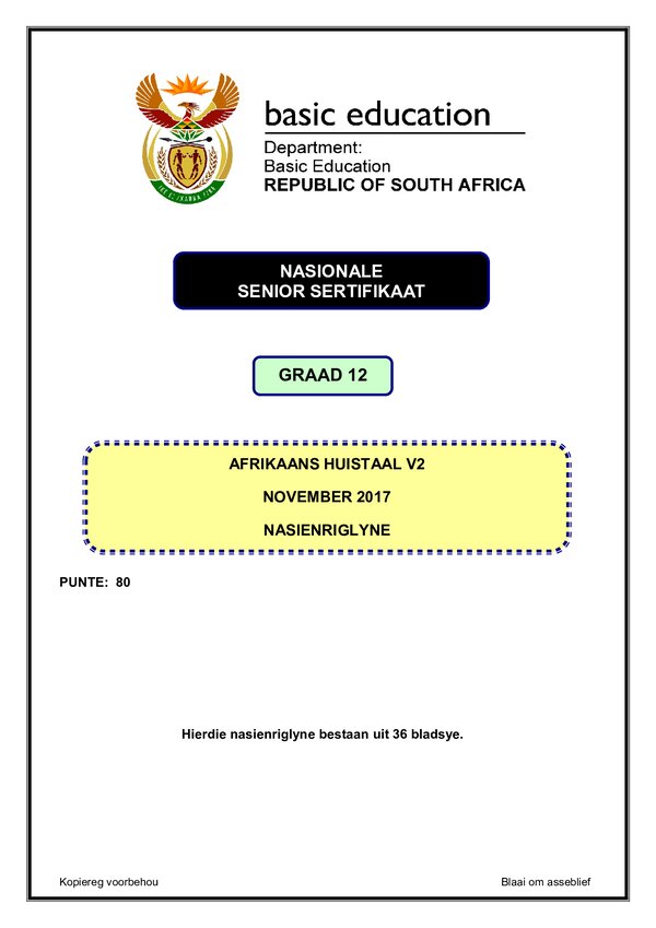 Grade 12 Afrikaans past paper 2017 – Afrikaans HL P2 memo