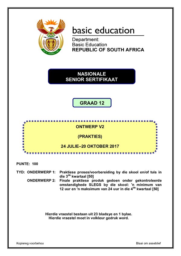 Grade 12 Afrikaans past paper 2017 – Design Paper 2 (Afrikaans)