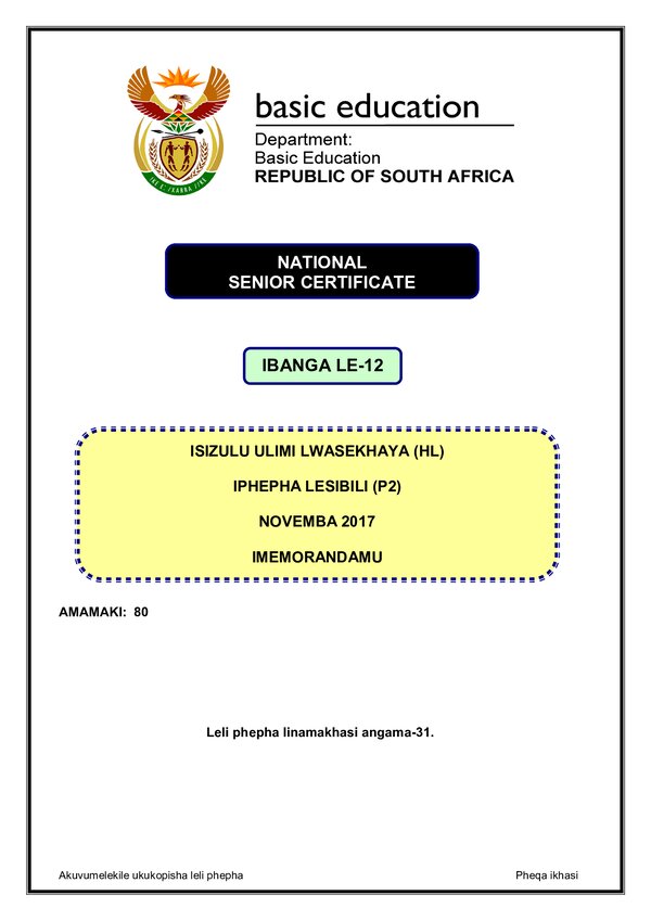 Isizulu Hl P2 Memo