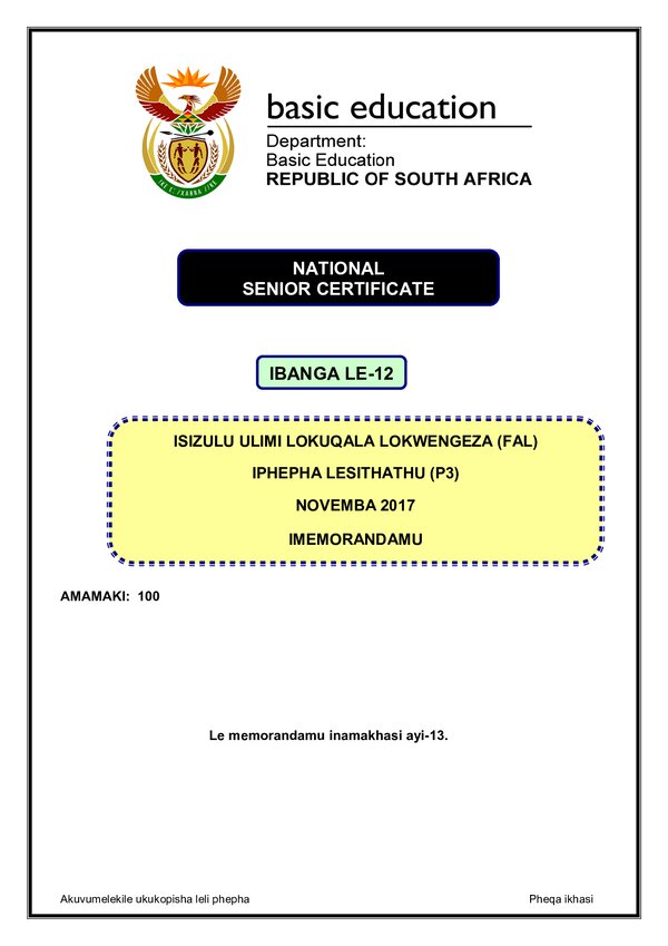 Grade 12 isiZulu past paper 2017 – IsiZulu FAL P3 memo