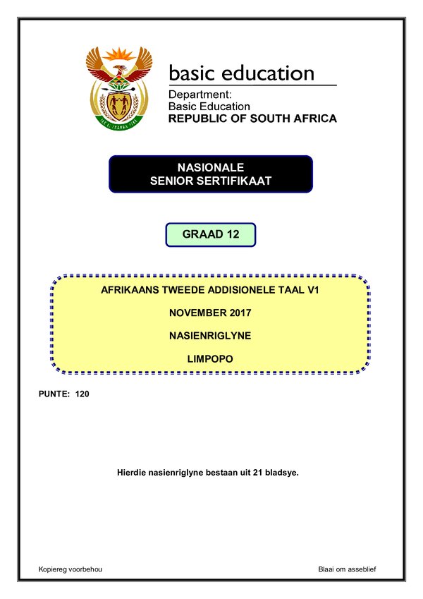 Grade 12 Afrikaans past paper 2017 – Afrikaans SAL P1 memo (Limpopo)