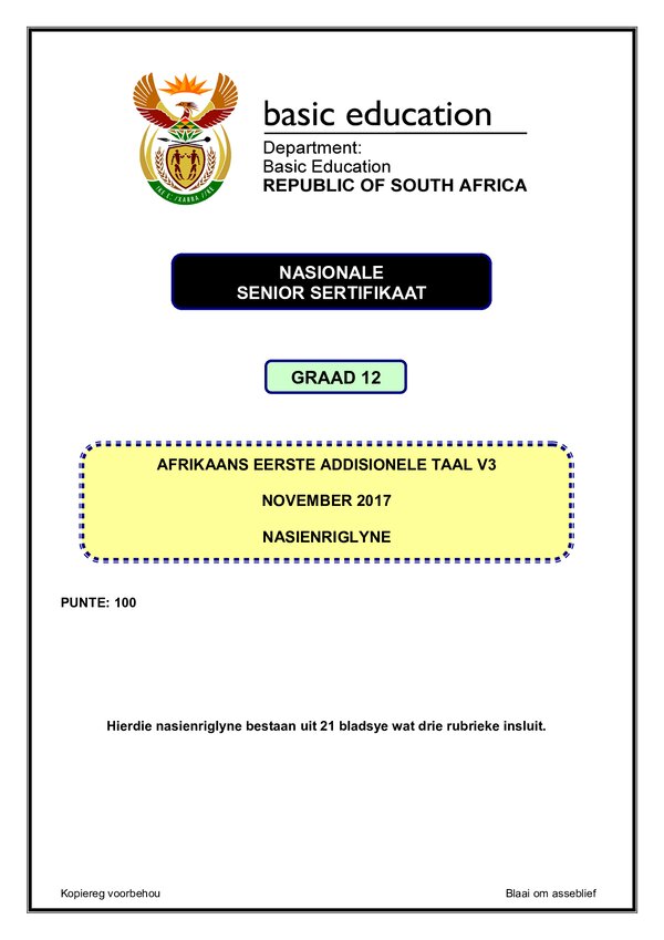Grade 12 Afrikaans past paper 2017 – Afrikaans FAL P3 memo