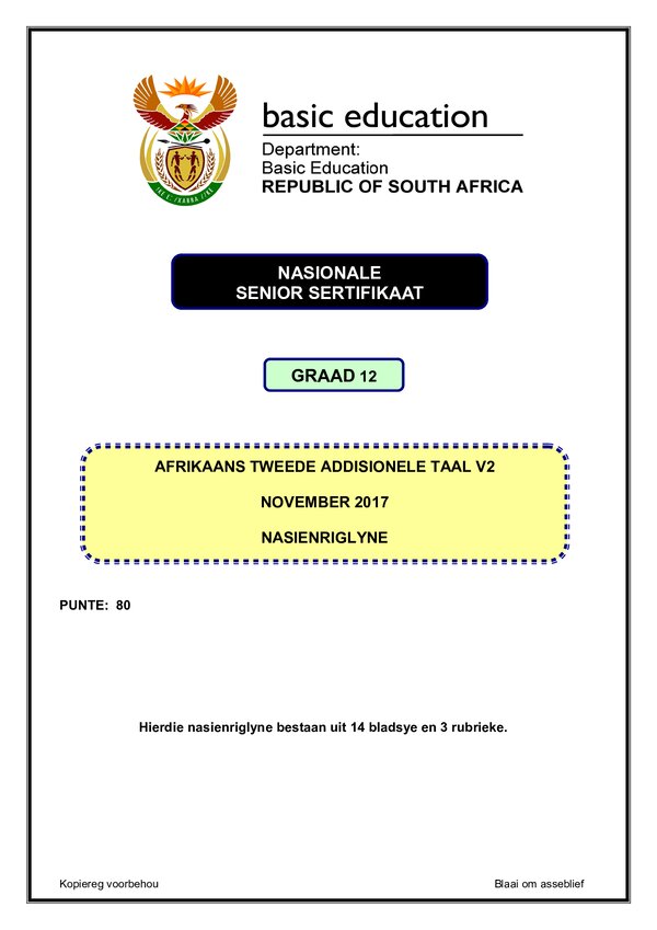 Grade 12 Afrikaans past paper 2017 – Afrikaans SAL P2 memo