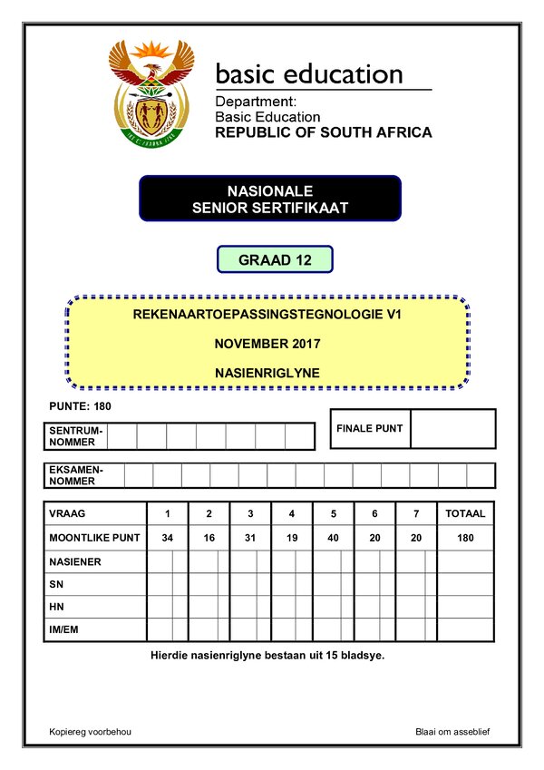 Grade 12 Afrikaans past paper 2005 – Computer Application Technology Memo 1 (Afrikaans)