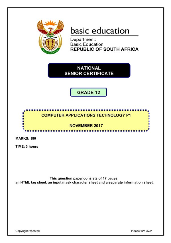 Grade 12 English past paper 2017 – Computer Application Technology Paper 1 (English)