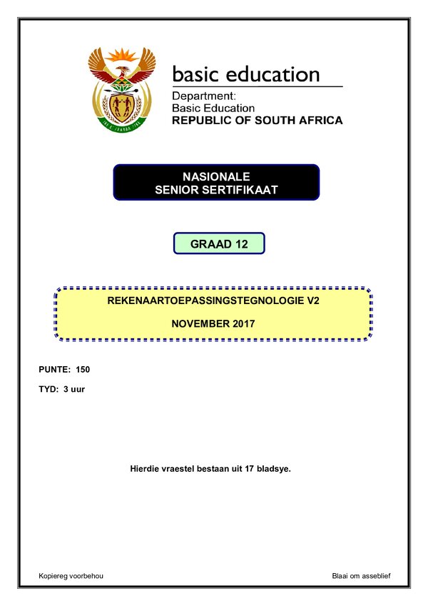Grade 12 Afrikaans past paper 2017 – Computer Application Technology Paper 2 (Afrikaans)