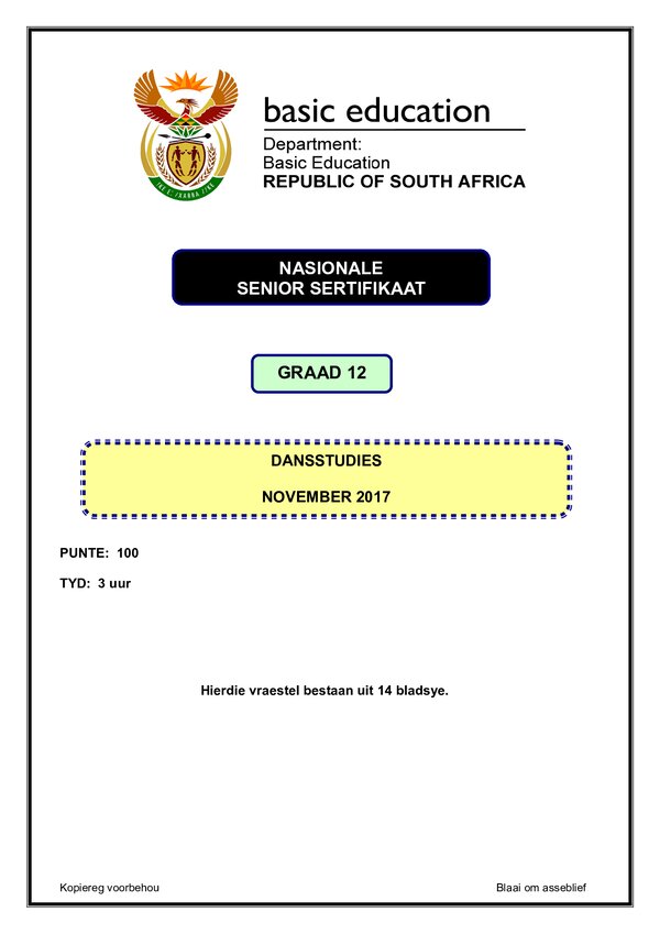 Grade 12 Afrikaans past paper 2017 – Dance studies Paper 1 (Afrikaans)