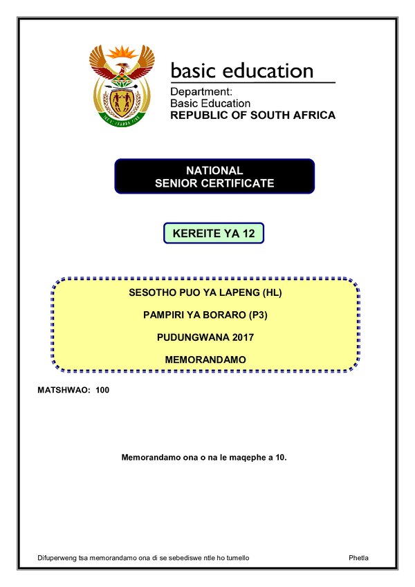 Sesotho Hl P3 Memo