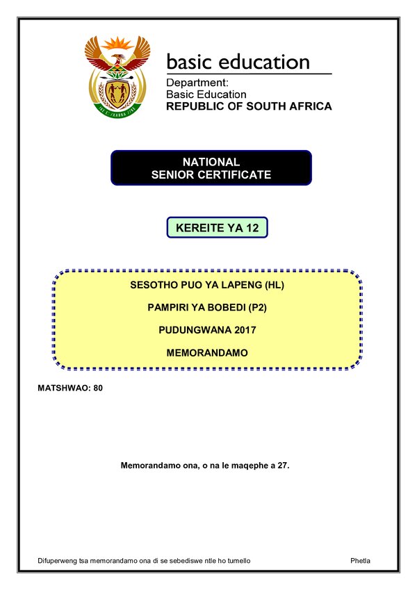 Sesotho Hl P2 Memo