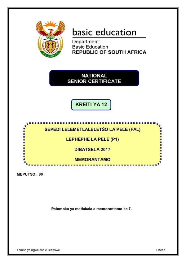 Grade 12 Sepedi past paper 2017 – Sepedi FAL P1 memo