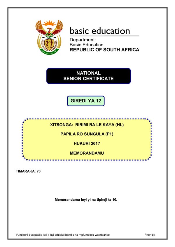 Xitsonga Hl P1 Memo