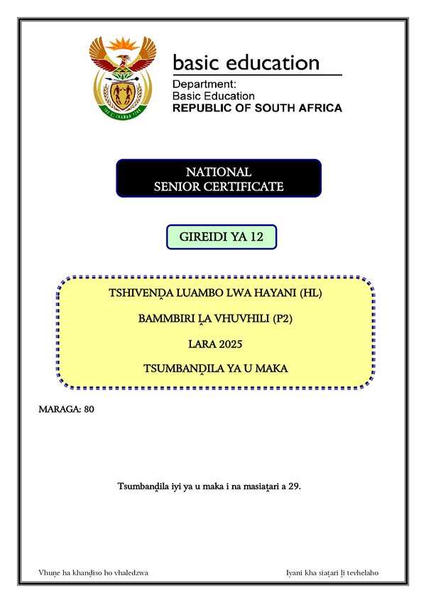 Grade 12 Tshivenda past paper 2025 – Tshivenda HL P2 Memo